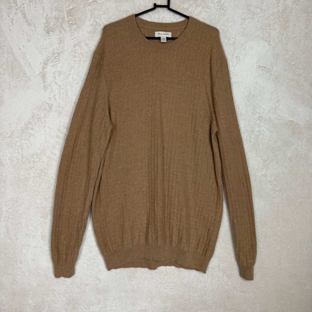 John W Nordstrom Mens XL Tall 100% Cashmere Crewneck Sweater Camel Grid‎ Knit